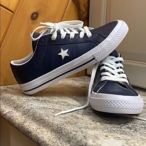 Blue and white converse